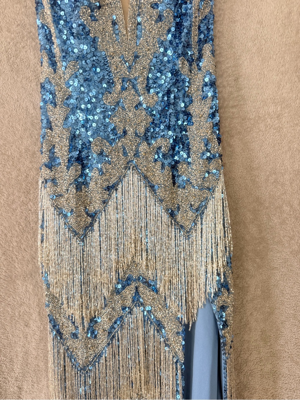 Jovani Blue Silver Sequin Fringe One-Shoulder Dress Sz 0 - Picture 3 of 16